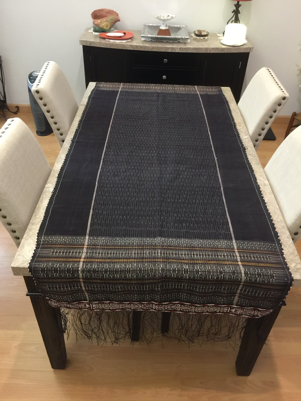 Handwoven Javanese Black Table Runner with Stripes, Beaded and Fringe end detail